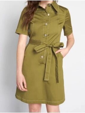 ModCloth Olive Green Short Sleeve Shirt Dress with Tie Waist Size 2 NWT